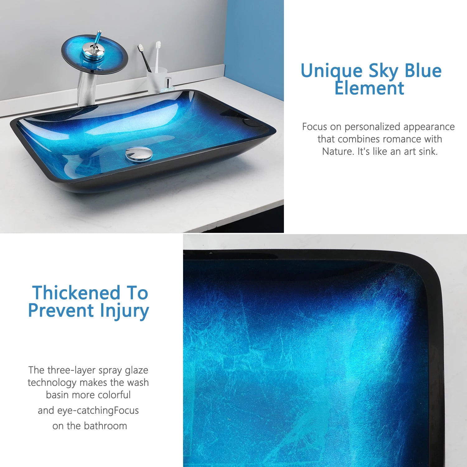 MC THE BLACK DIAMOND ZAPPO tempered glass bathroom vessel sink with waterfall black faucet, oval blue basin, above counter design