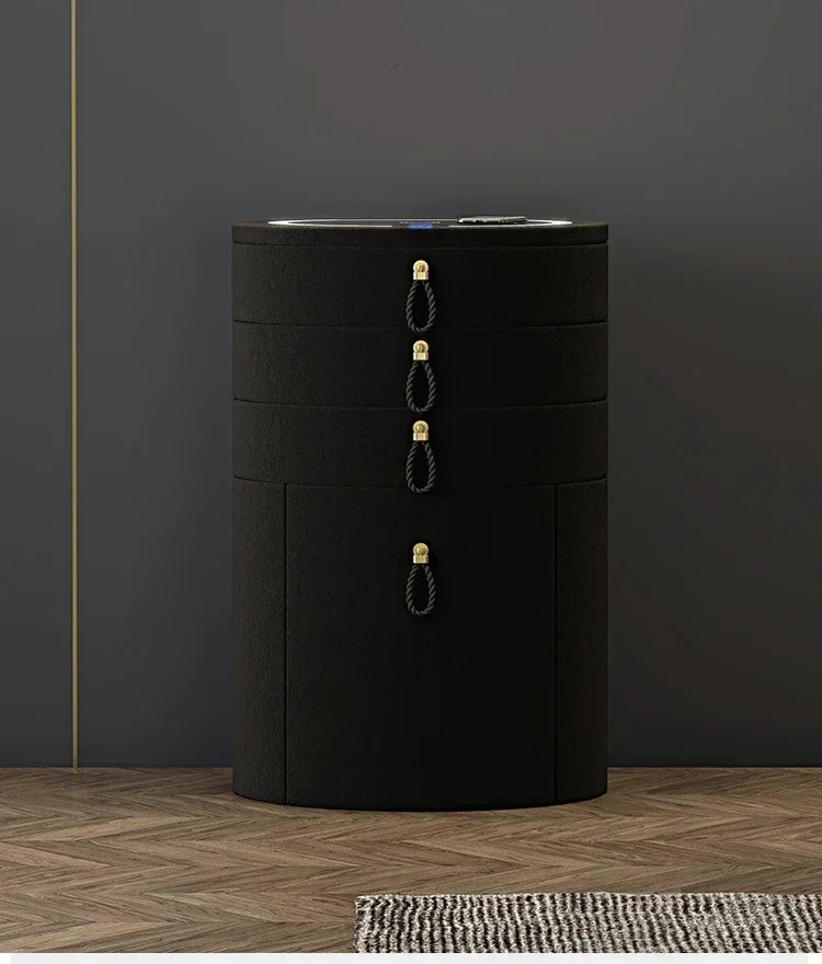 Modern makeup vanity with storage drawer, luxury mirror, and stool by MC THE BLACK DIAMOND, featuring sleek design and reflective surface.