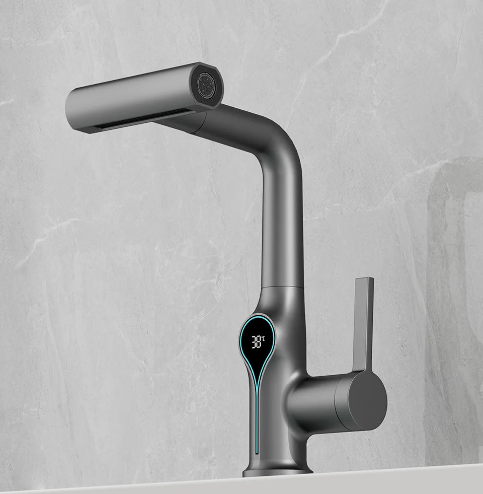 Waterfall bathroom basin faucet with digital temperature display, lift-up/down stream sprayer, hot and cold water by ๐๐ ๐๐๐ ๐น๐๐๐๐ ๐ป๏ฟฝ