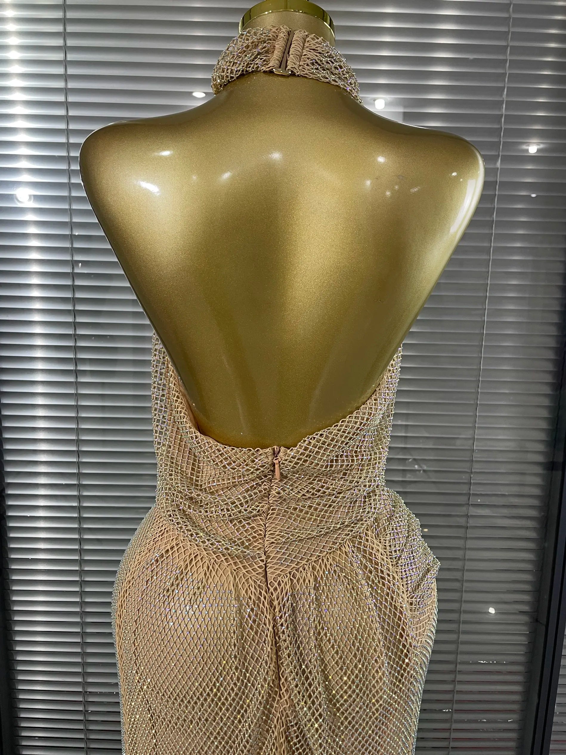 MC THE BLACK DIAMOND golden halter off-shoulder gown with shining diamond mesh for women, elegant evening dress.