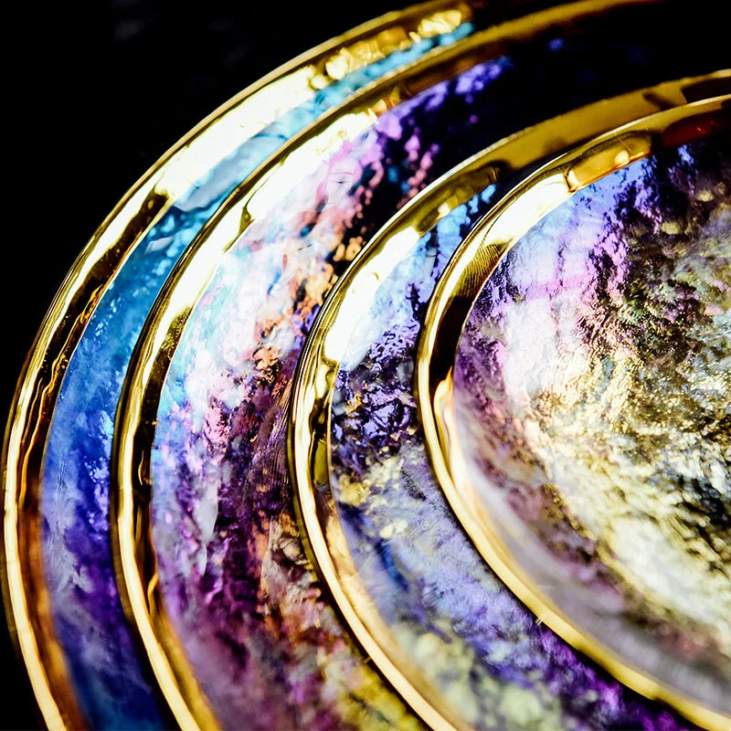Rainbow glass dinner plates and salad bowls with gilt rims from 𝕄𝕮 𝕋𝕙𝕖 𝔹𝕝𝕒𝕔𝕜 𝔻𝕚𝕒𝕞𝕠