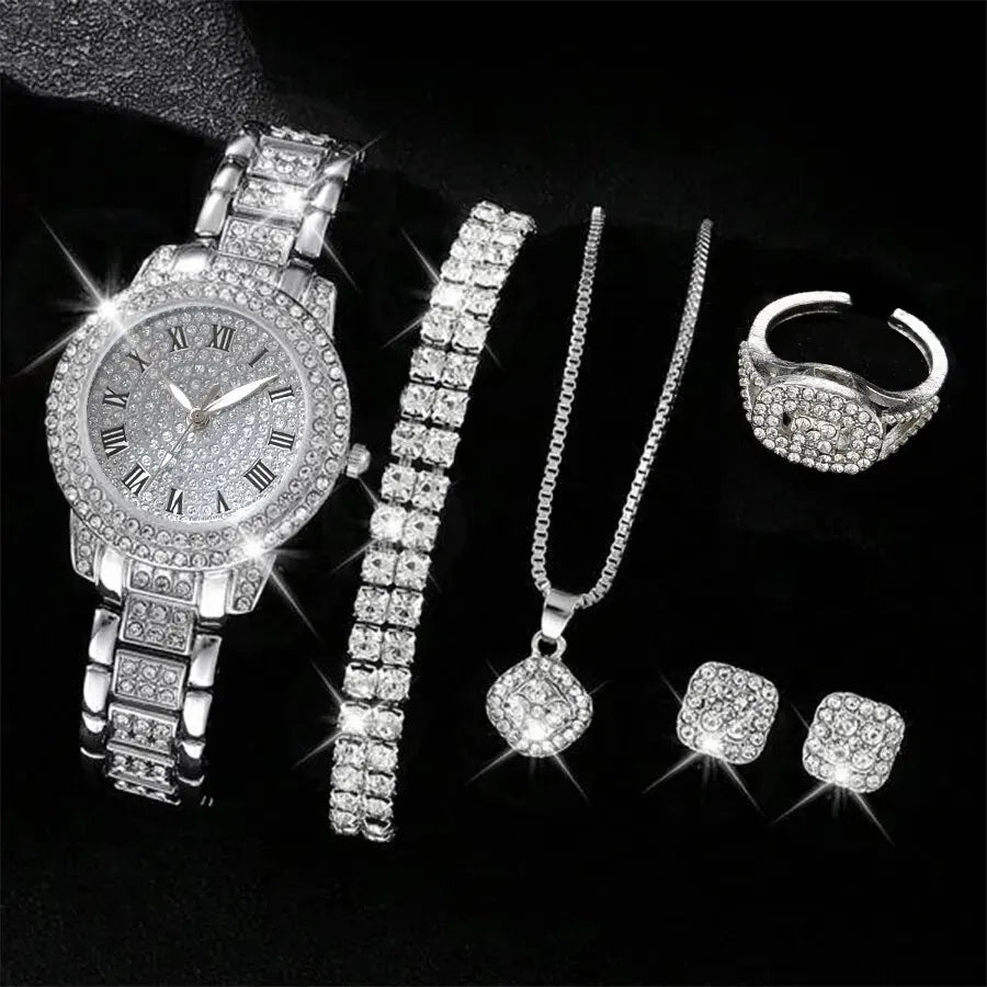 Six women's luxury alloy watches by MC The Black Diamonds with elegant designs, displayed together in a jewelry set.