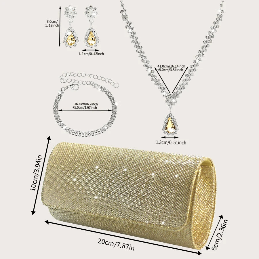Elegant MC THE BLACK DIAMOND sparkly party clutch with rhinestone jewelry set including necklace, earrings, and bracelet.