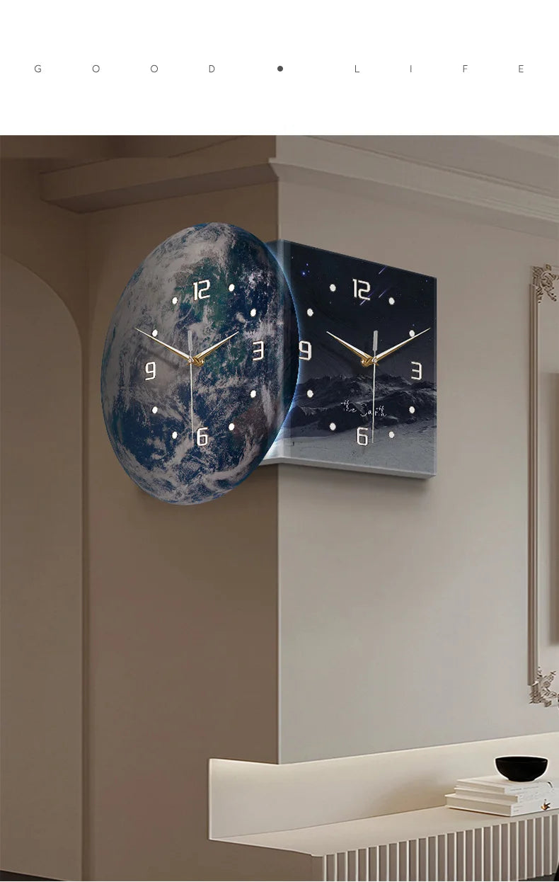 Earth Double Sided Corner Clock LED Wall Clock Modern Design Living Room Decoration Advanced Sense Wall Watch Home Wall Decor - 𝕄𝕮 𝕋𝕙𝕖 𝔹𝕝𝕒𝕔𝕜 𝔻𝕚𝕒𝕞𝕠𝕟𝕕