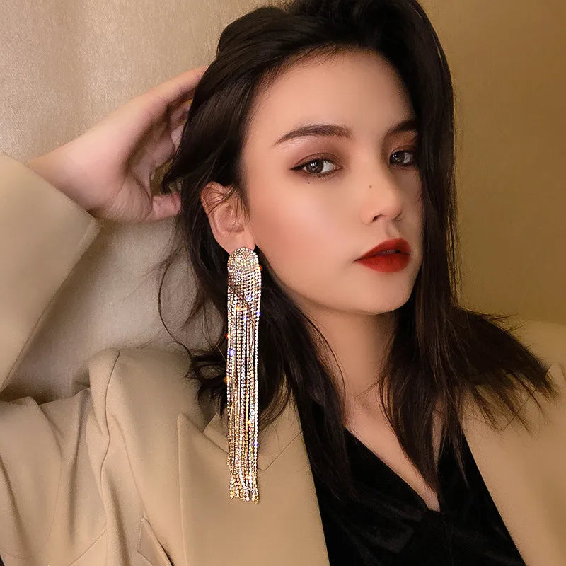 MC THE BLACK DIAMOND long tassel rhinestone drop earrings with crystal dangles, stylish jewelry for women.