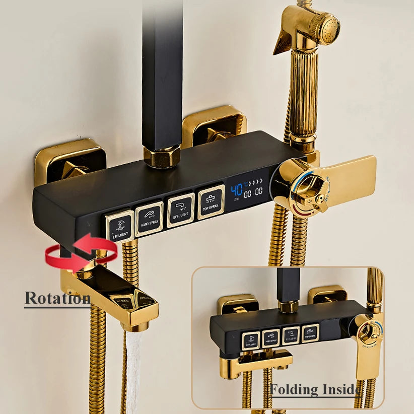 Luxury Hot Cold Digital Bathroom Rainfall Shower Head Set with shower caddy from MC THE BLACK DIAMOND, showcasing sleek design and modern features.