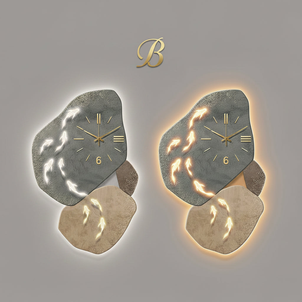 Modern Nine Fish Map wall clock by MC THE BLACK DIAMOND with luminous accents, ideal for corridor or entrance wall decoration.