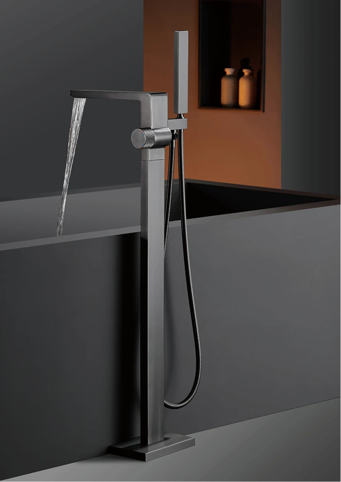 Luxury black brass bathroom floor-standing bathtub faucet with single handle for hot and cold water, embedded design by 𝕄𝕔 𝕋𝕙𝕖 𝔹𝕝𝕒𝕔𝕜 𝔻𝕚