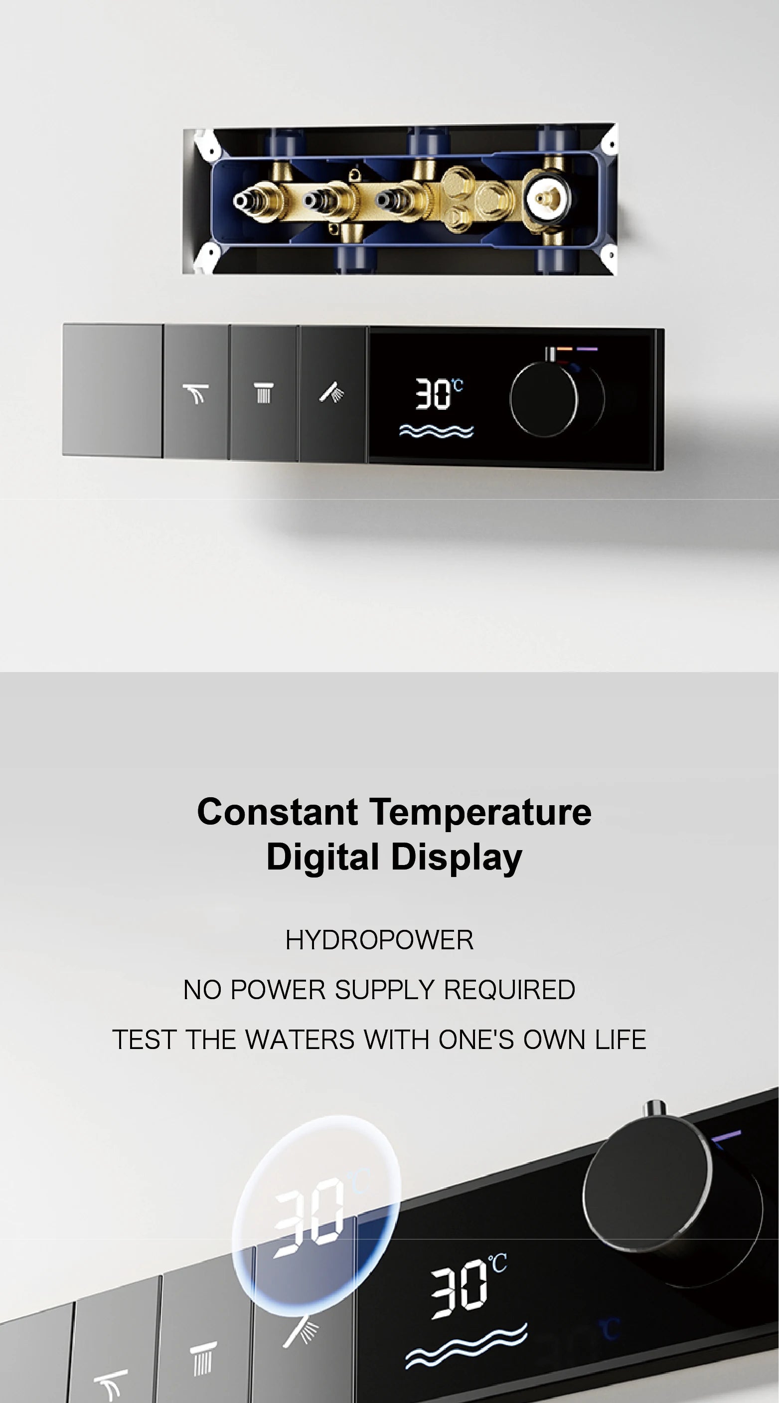 Luxury brass grey shower system with LED digital display, 3 spray modes, ceiling-embedded waterfall outlet, bath mixer from ๐๐ ๐๐๐ ๐น๐๐๐๐ ๏ฟฝ