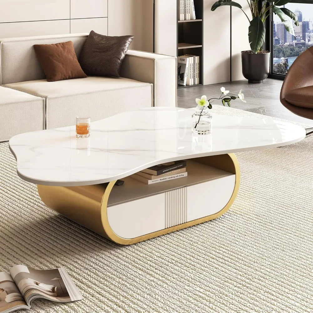 Modern Cloud Coffee Table Luxury Sintered Stone Top Coffee Table with Sculptural Geometric Stainless Steel Base - https://mohammadcollection.com