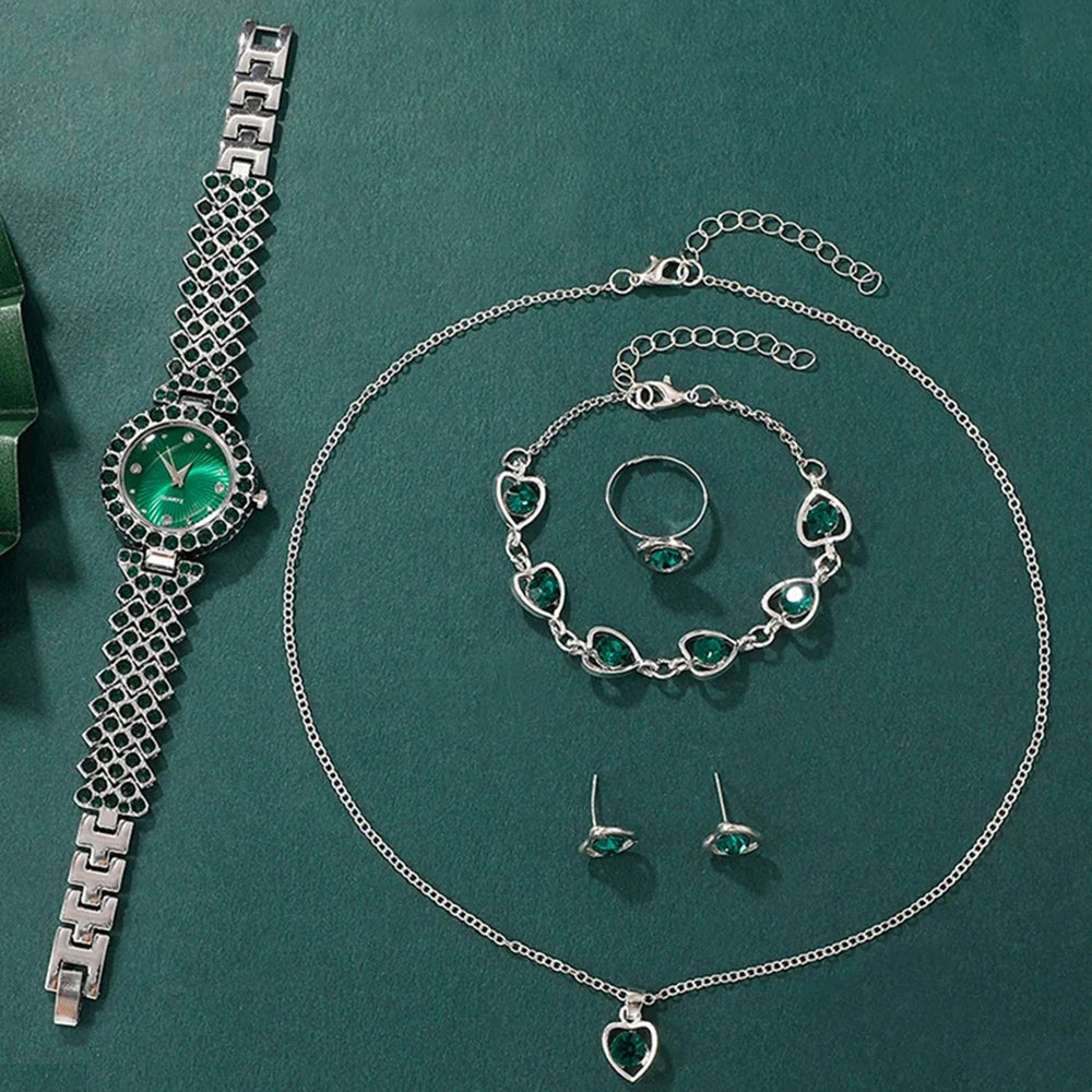 Women jewelry set including a heart rhinestone ring, necklace, earrings, and a luxury MC THE BLACK DIAMOND quartz wristwatch.