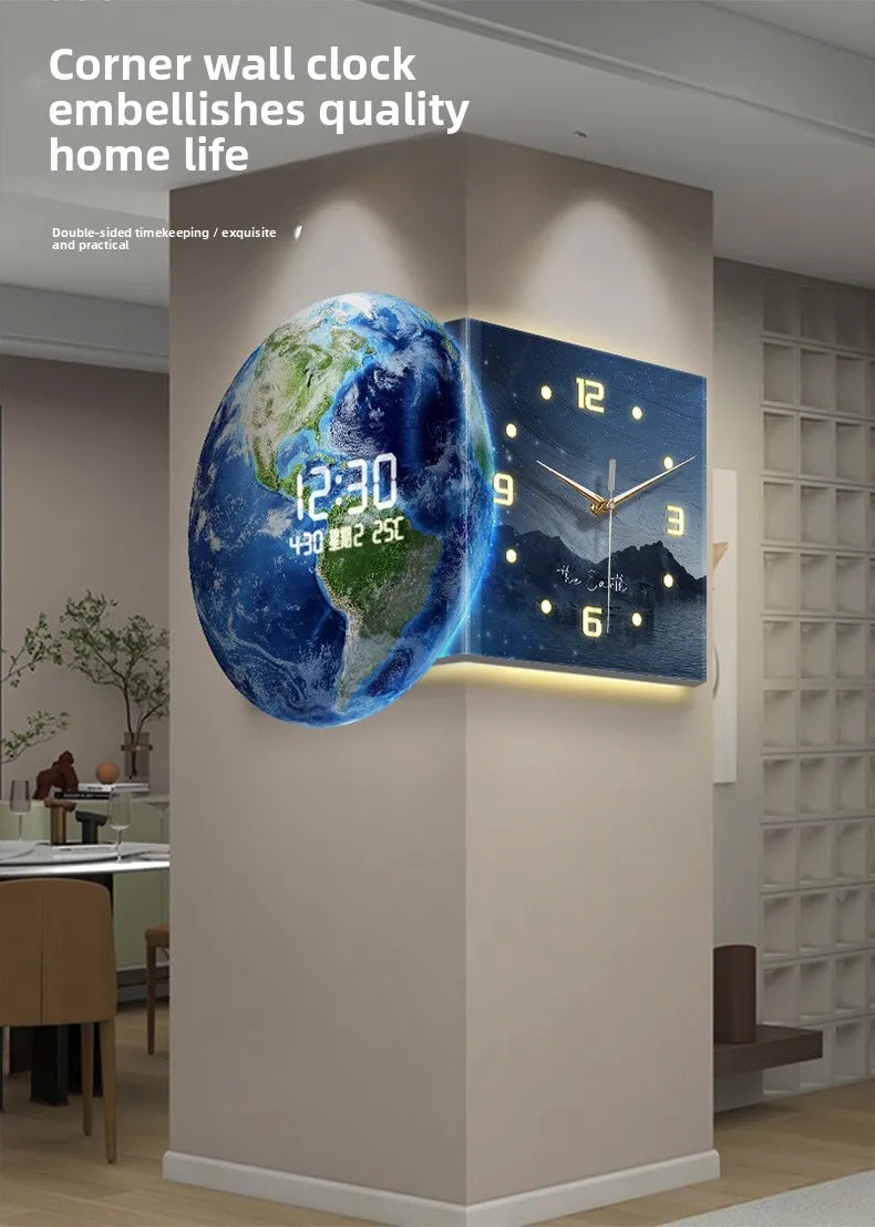 Earth Double Sided Corner Clock LED Wall Clock Modern Design Living Room Decoration Advanced Sense Wall Watch Home Wall Decor - 𝕄𝕮 𝕋𝕙𝕖 𝔹𝕝𝕒𝕔𝕜 𝔻𝕚𝕒𝕞𝕠𝕟𝕕