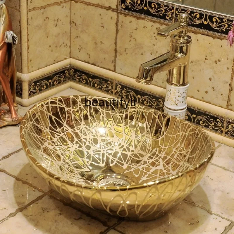 European gold-plated ceramic vessel sink, small oval countertop wash basin by 𝕄𝕔 𝕋𝕙𝕖 𝔹𝕝𝕒𝕔𝕜 𝔻𝕚𝕒𝕞