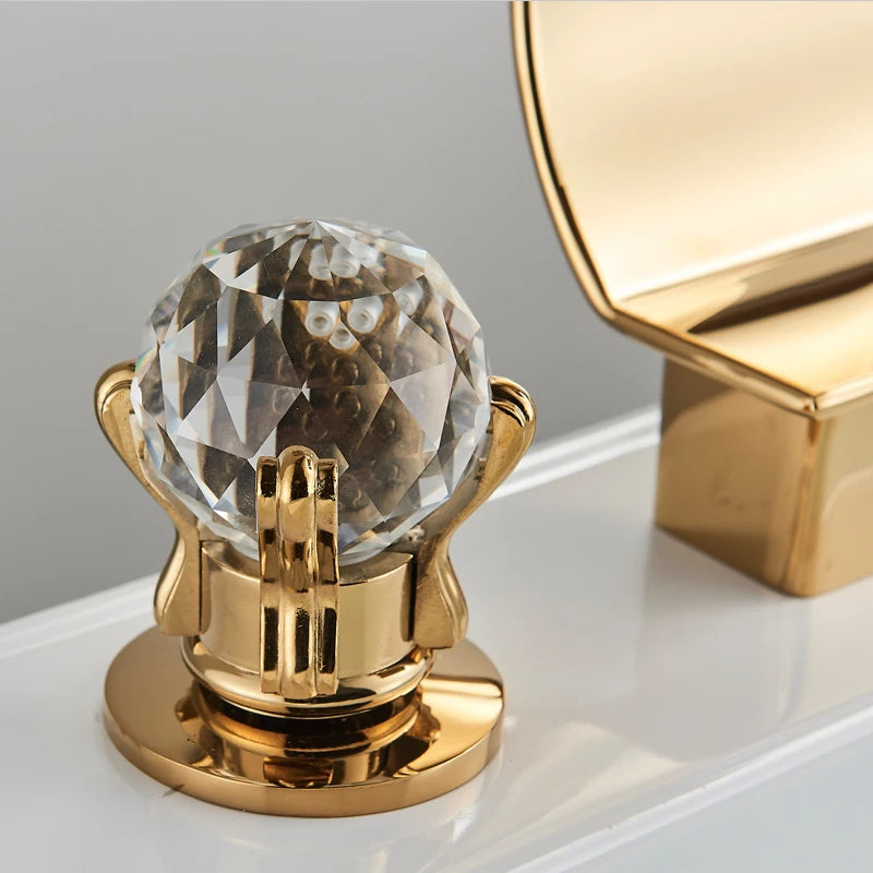 MC THE BLACK DIAMOND Shinesia luxury golden bathroom basin faucet with dual crystal handles, waterfall spout, for vessel sinks.