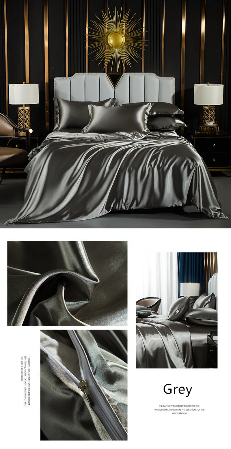 Luxury silk bedding set with duvet cover, flat and fitted sheets, and pillowcases by 𝕄𝕔 𝕋𝕙𝕖 𝔹𝕝𝕒𝕔𝕜 𝔻𝕚𝕒