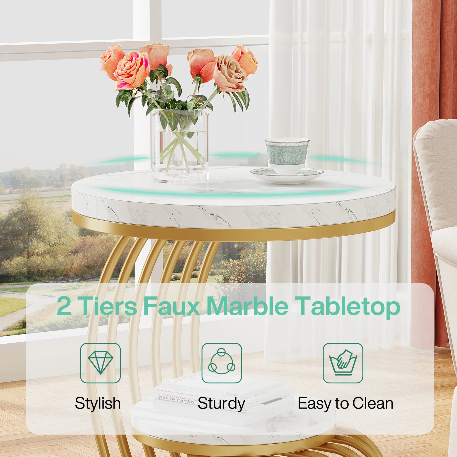 Tribesigns Gold Round End Table: 2 Tiers Faux Marble Side Table with Storage Shelf, Modern White Gold Bedside Nightstand - https://mohammadcollection.com