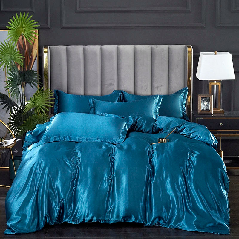 3-piece silky satin duvet cover set by Mc The Black Diamonds, featuring smooth, shiny bedsheets in a luxurious design.