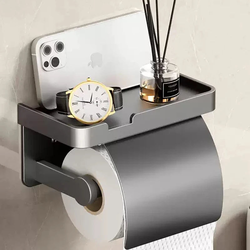Wall-mounted MC THE BLACK DIAMOND toilet paper holder with waterproof tissue tube and storage rack for bathroom organization.