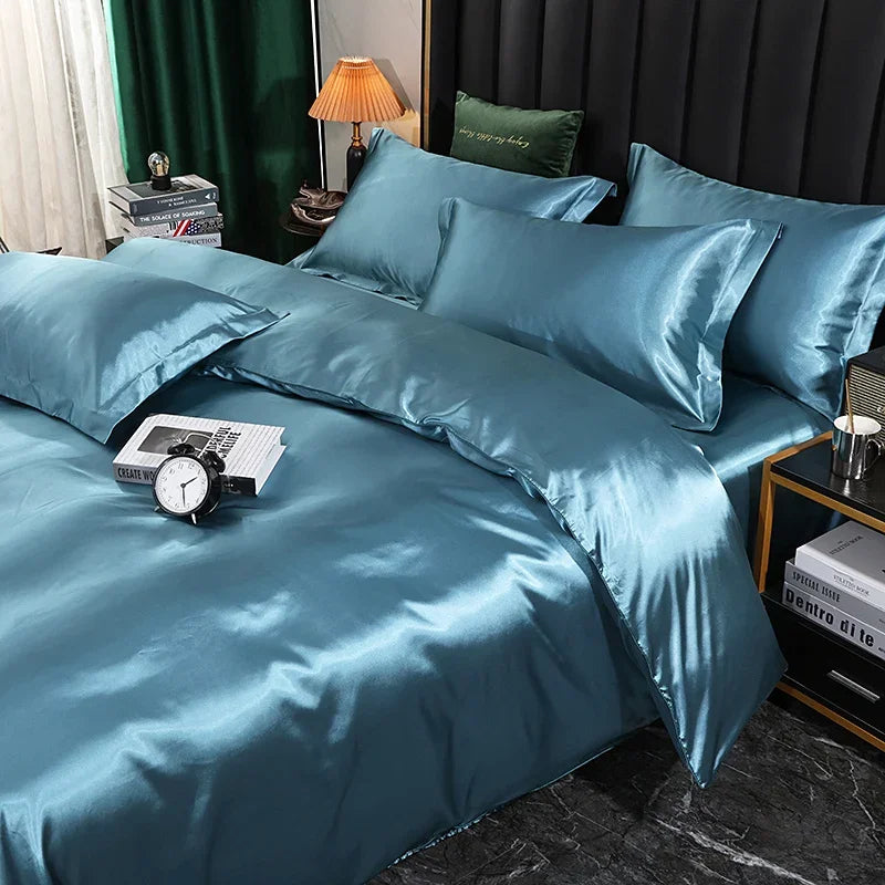 Luxury silk bedding set with duvet cover, fitted sheet, pillowcases in solid color, king and queen sizes by 𝕄𝕔 𝕋𝕙𝕖 𝔹𝕝𝕒𝕔𝕜 𝔻�