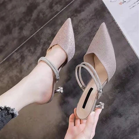 Women's Faionable f slip-on heels with thin square heel, fairy-blue PU material, two-way wear, stylish high-end design.