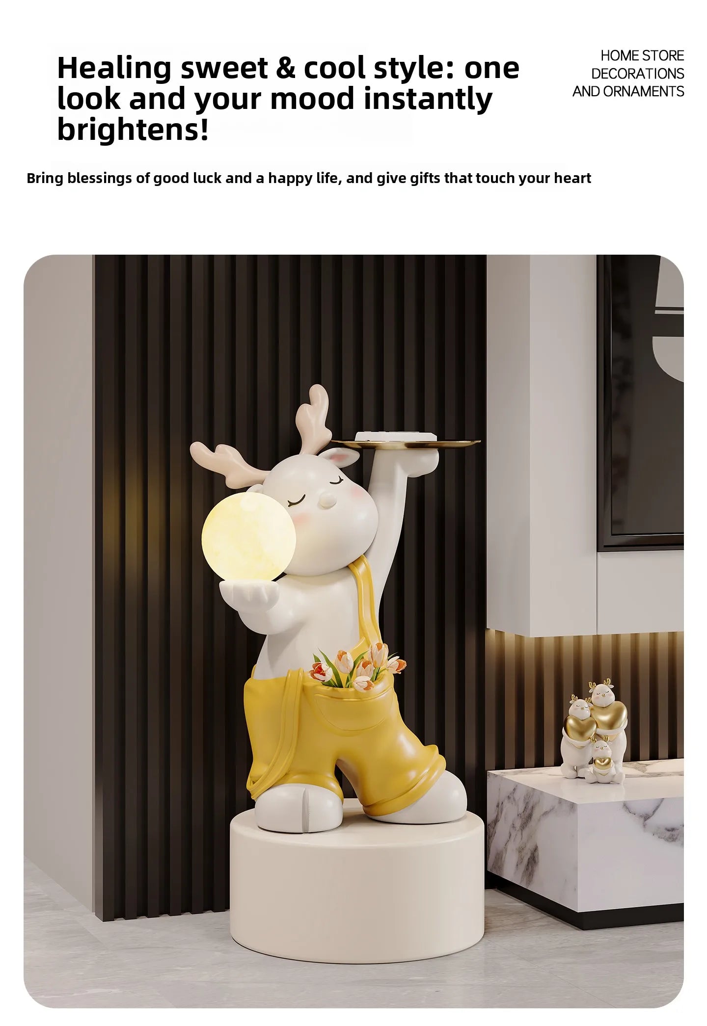Decorative MC THE BLACK DIAMOND luminous elk deer figurine floor statue with tray, ideal for sofa side table or room storage decor.