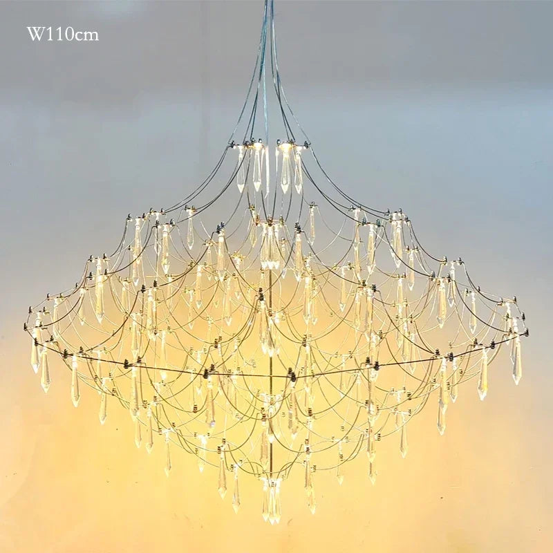 Modern chrome-plated luxury crystal chandelier with multiple hanging prisms, designed for elegant living room lighting by MC THE BLACK DIAMOND.