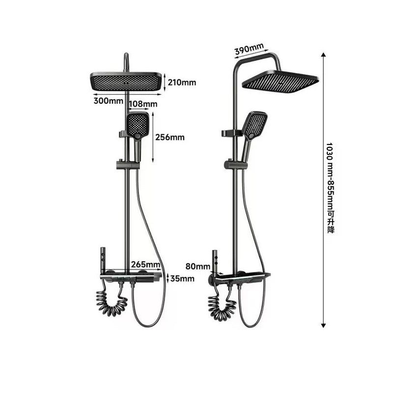 Grey MC THE BLACK DIAMOND four-function smart digital display shower system with rainfall and pressurized wall-mounted faucet set.