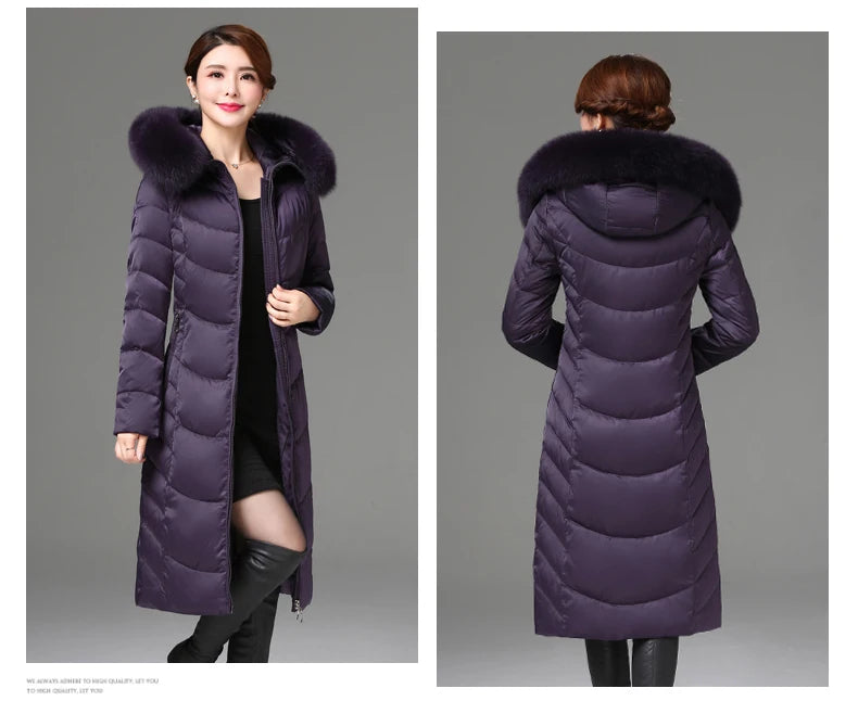 Shengyu Boya women's knee-length down jacket with large fur collar, slim fit, thickened outwear for middle-aged and elderly women.
