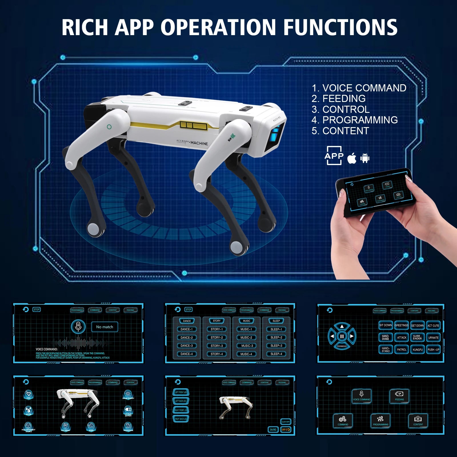 MC THE BLACK DIAMOND AI RC Robot Dog with voice dialogue, remote control, dancing, singing, and programming features for kids.