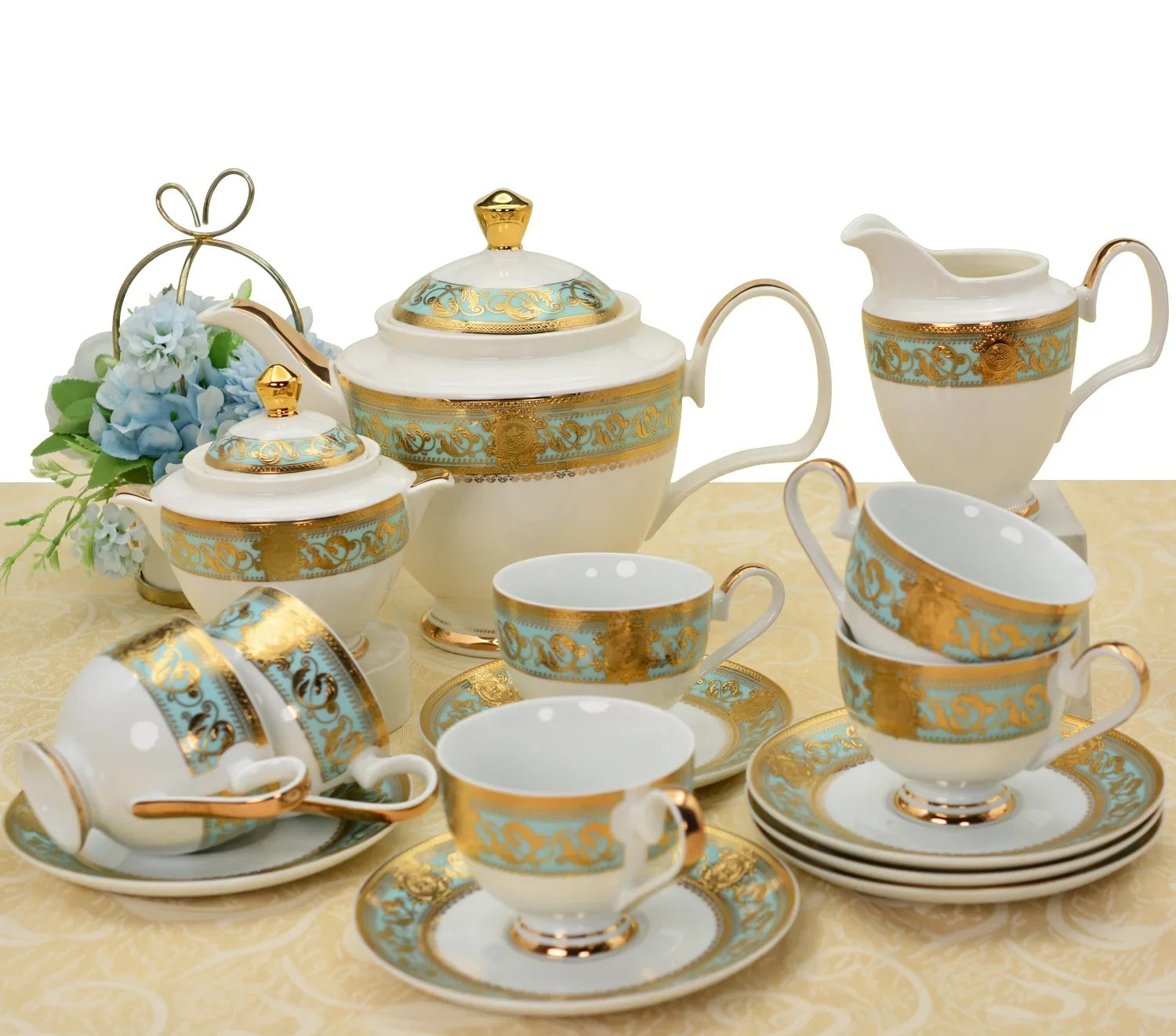 Elegant MC THE BLACK DIAMOND embossed gold porcelain dinnerware set featuring luxury bone china with intricate design details.