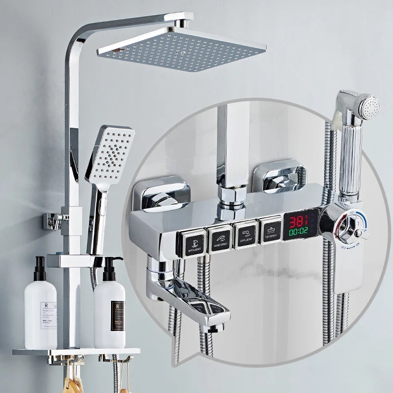 Luxury MC THE BLACK DIAMOND rainfall shower head set with digital controls, installed in a modern bathroom.