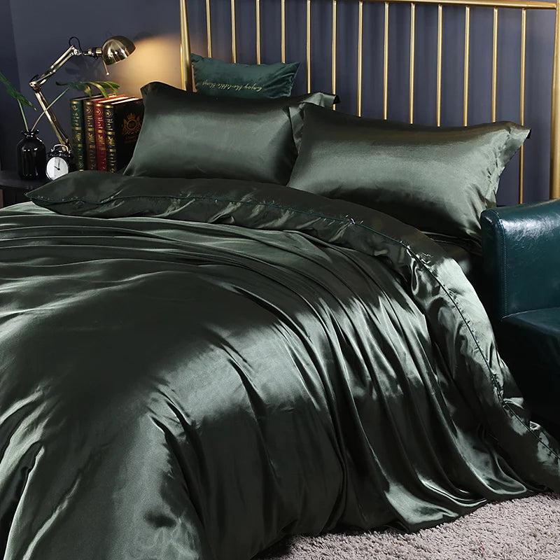Luxury silk bedding set with duvet cover, fitted sheet, flat sheet, and pillowcases in solid color from 𝕄𝕔 𝕋𝕙𝕖 𝔹𝕝𝕒𝕔𝕜 𝔻�