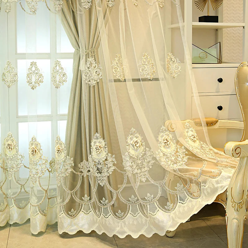 Elegant Double-Layer Curtains with Embossed Base & 3D Embroidered Detailing Decorative Blackout Drapes for Bedroom/Living Room - https://mohammadcollection.com