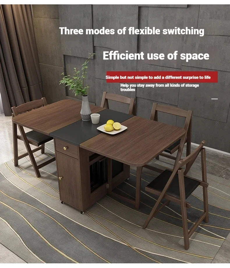 Folding wooden party dining and kids study table by MC The Black Diamond, showcasing a sleek, compact design in a well-lit room.