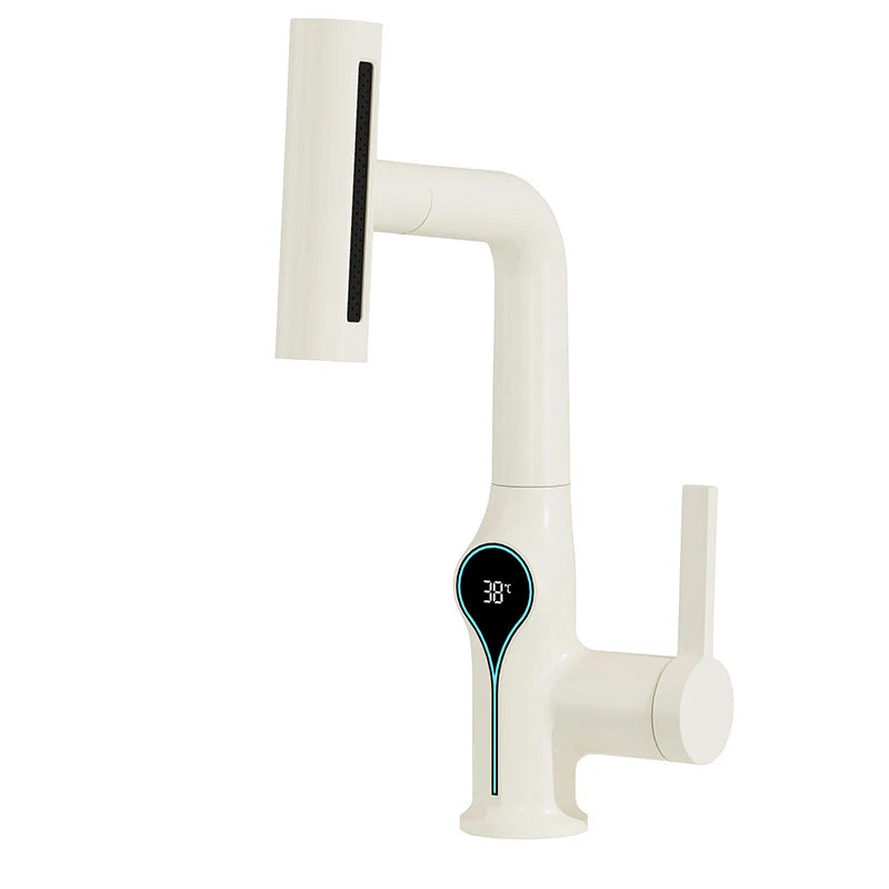 Black bathroom waterfall basin faucet with digital temperature display and stream sprayer for hot and cold water.