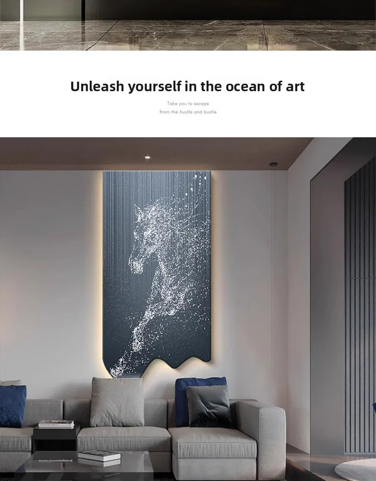 Modern art horse wall decor poster by MC THE BLACK DIAMOND featuring luminous LED lighting for living room or corridor decoration.