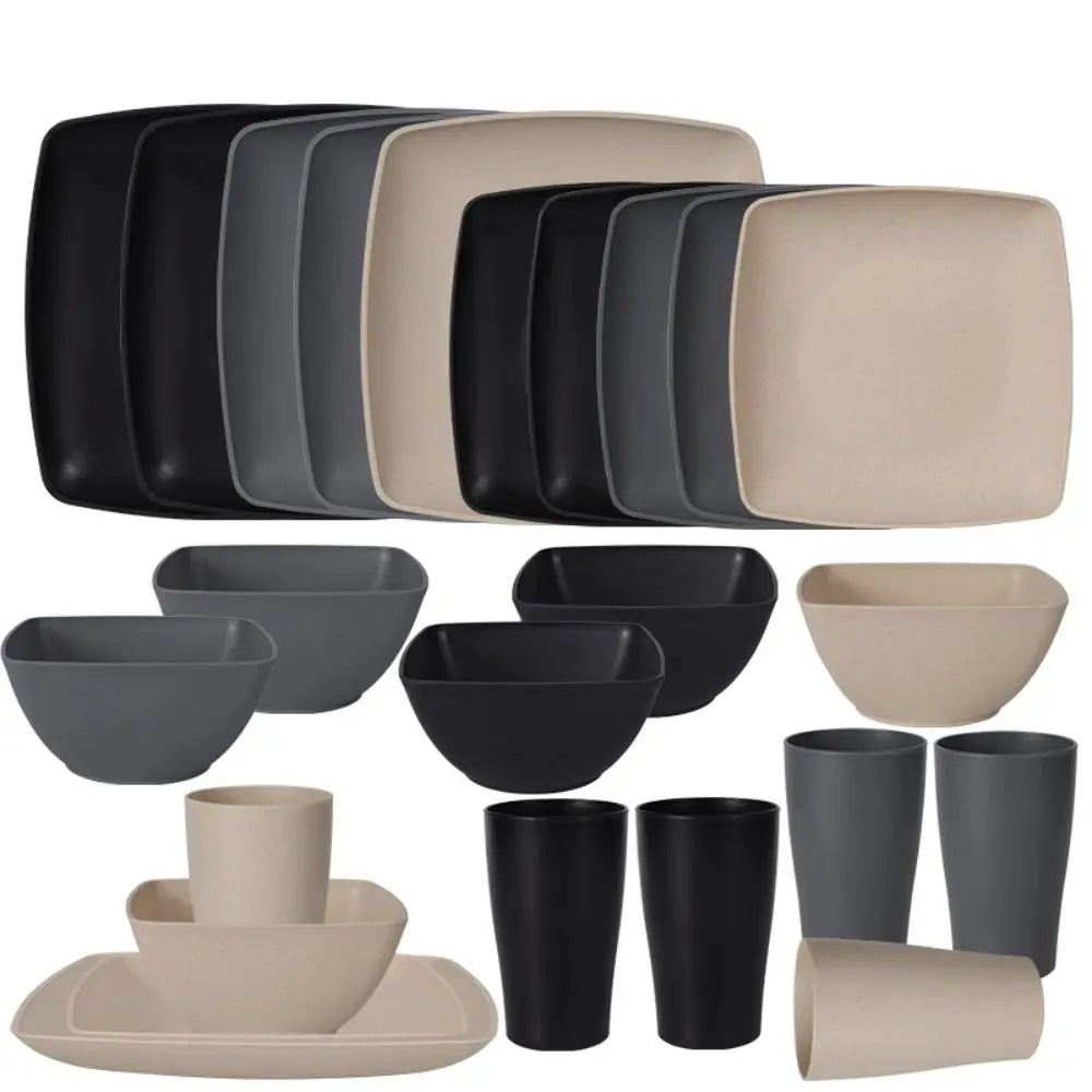 16-piece square plastic dinnerware set from MC The Black Diamonds, includes plates and bowls for kitchen use
