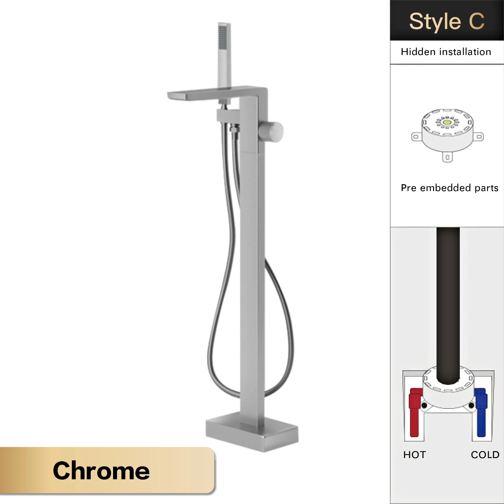 Luxury black brass bathroom floor-standing faucet with single handle, embedded design for hot and cold water, modern bathtub mixer.