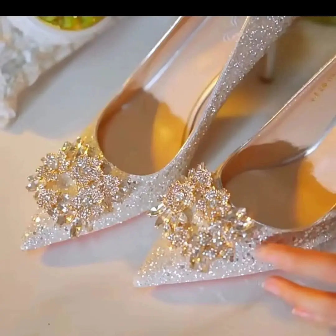 Women's high heel shoes by Mohammad Collection featuring elegant crystal accents and pointed toe design for party and wedding occasions.