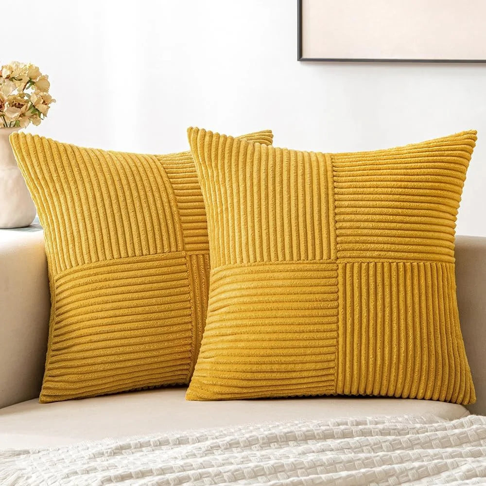 Mustard yellow corduroy boho spliced pillow cover with patchwork texture, soft cushion case for cozy couches, by MC THE BLACK DIAMOND