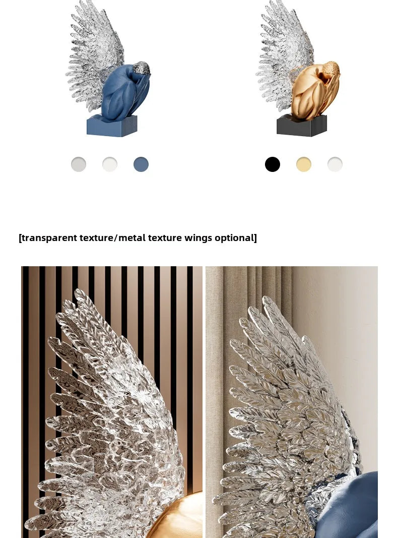 MC THE BLACK DIAMOND desk decoration wings statue, artistic metal sculpture for office or home decor, detailed wing design.