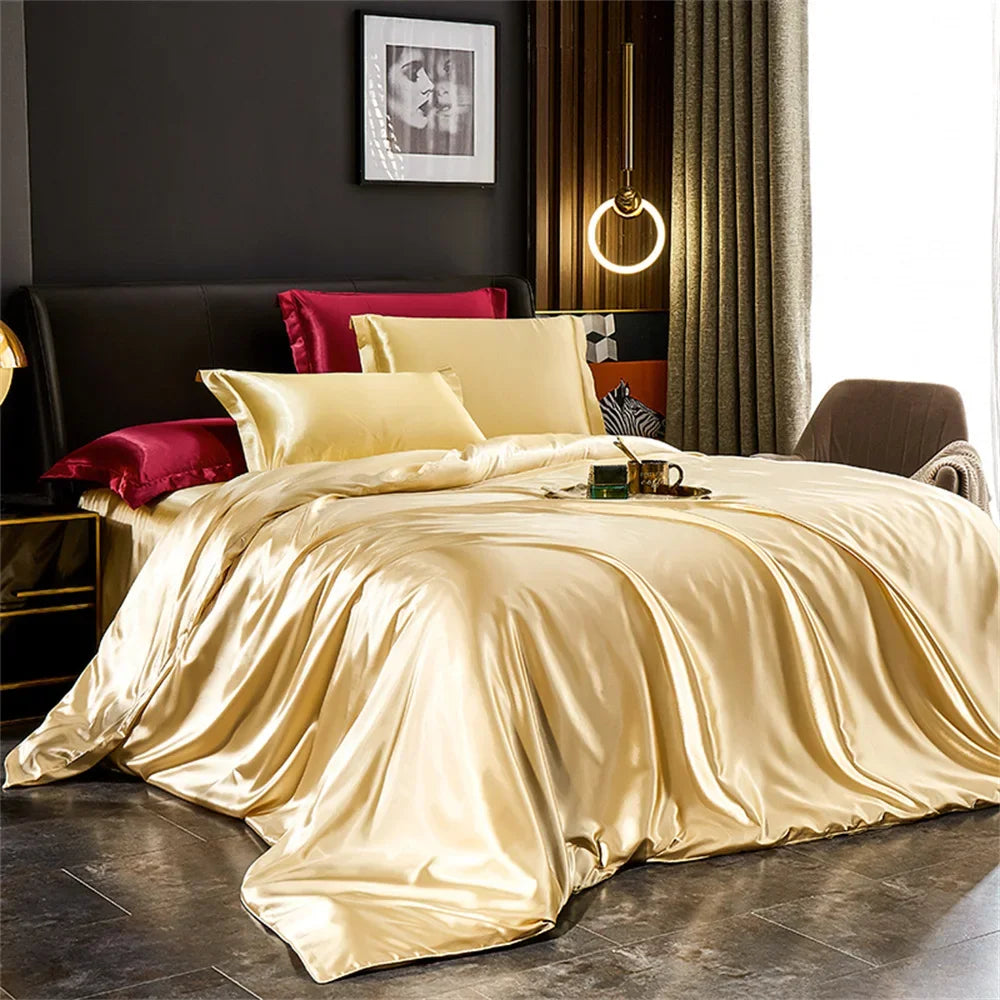 Luxury solid silk bedding set by MC THE BLACK DIAMOND, includes duvet cover, bed sheet, and pillowcases for king, queen, and twin beds
