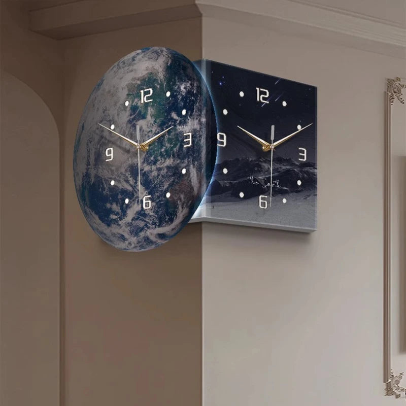 Earth Double Sided Corner Clock LED Wall Clock Modern Design Living Room Decoration Advanced Sense Wall Watch Home Wall Decor - 𝕄𝕮 𝕋𝕙𝕖 𝔹𝕝𝕒𝕔𝕜 𝔻𝕚𝕒𝕞𝕠𝕟𝕕