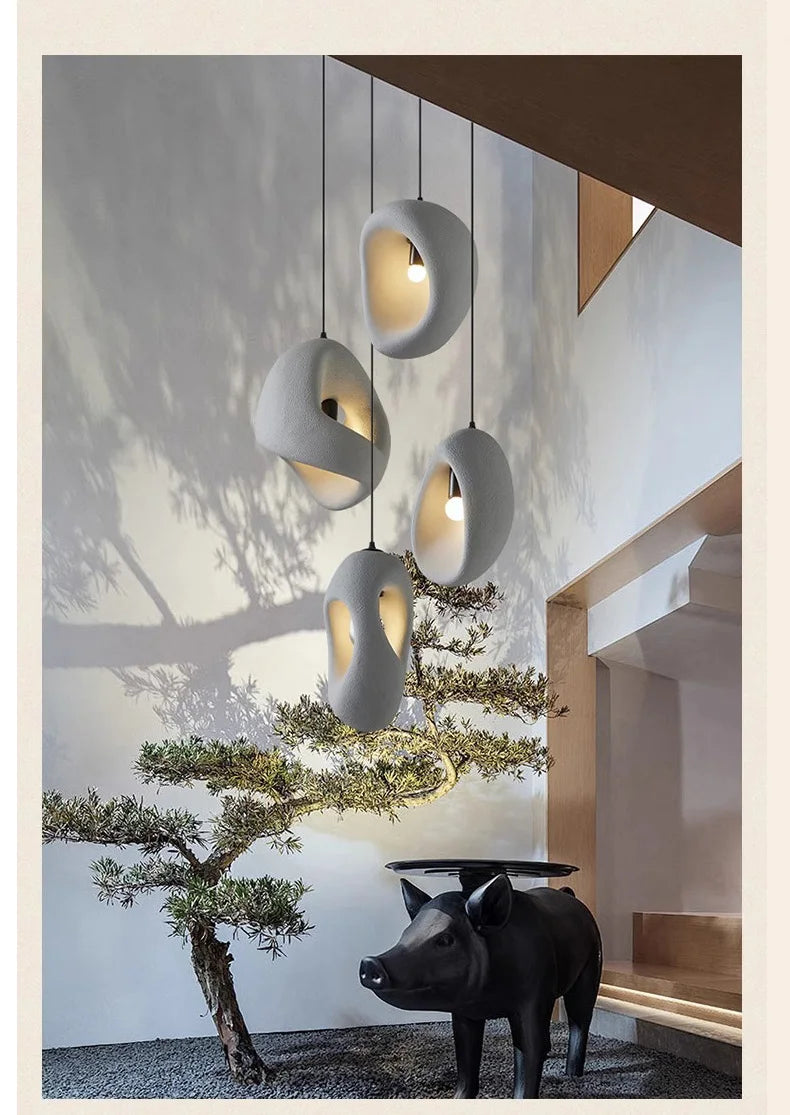 Nordic Villa Stairs Wabi Sabai E27 LED pendant light by MC THE BLACK DIAMOND hanging from ceiling with warm glow