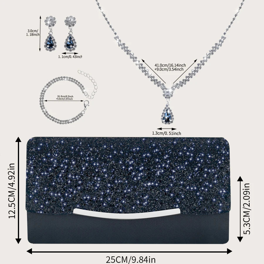 Stylish MC THE BLACK DIAMOND sequined women's hand bag with rhinestone jewelry set including necklace, earrings, and bracelet.