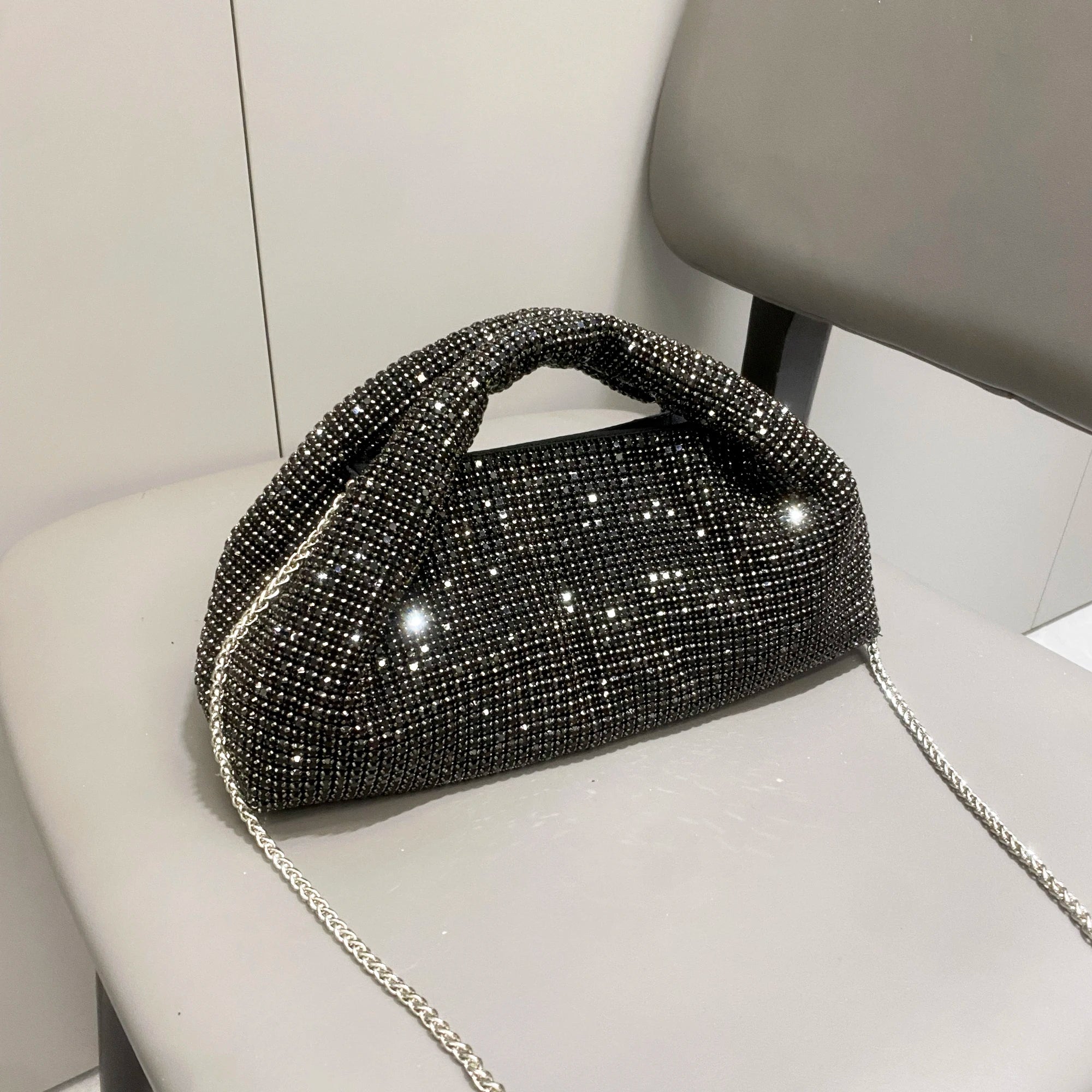 Shiny crystal clutch purse by MC THE BLACK DIAMOND, handmade evening bag with rhinestones, bucket style shoulder handbag.