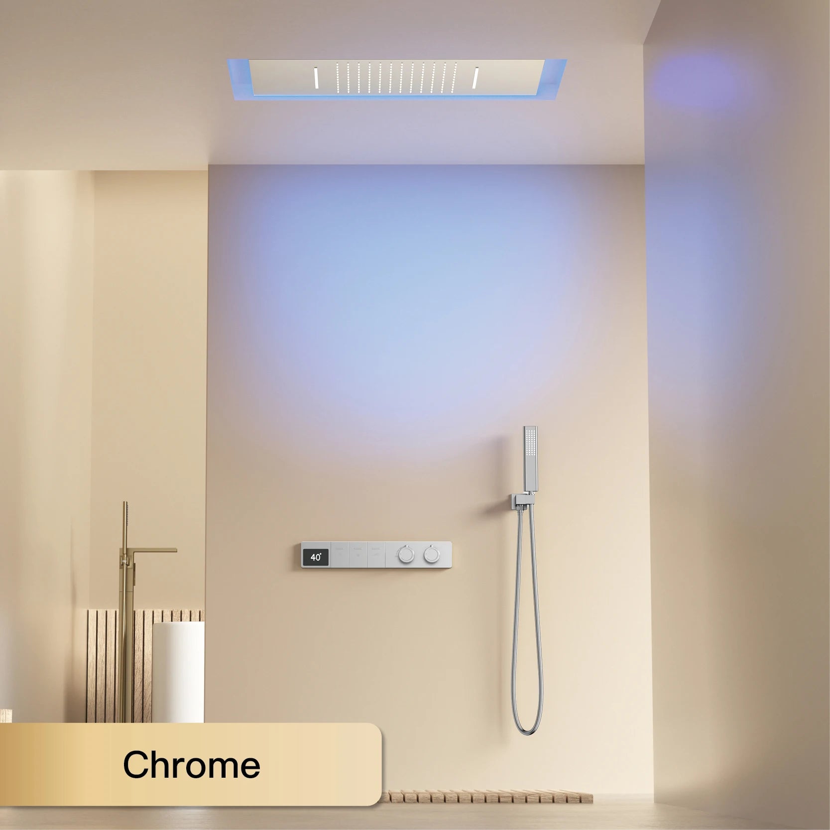White brass luxury shower system with digital display, wall-mounted bath faucet featuring dual hot and cold controls by MC THE BLACK DIAMOND