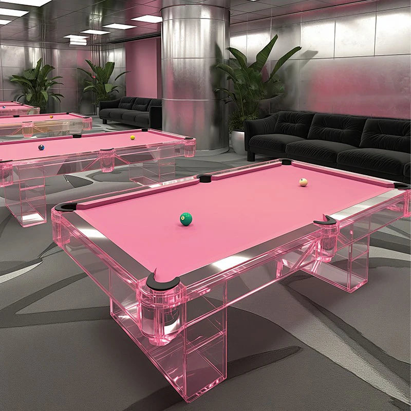Pink acrylic luxury billiard table by MC THE BLACK DIAMOND, stylish home entertainment billiard table with modern design.