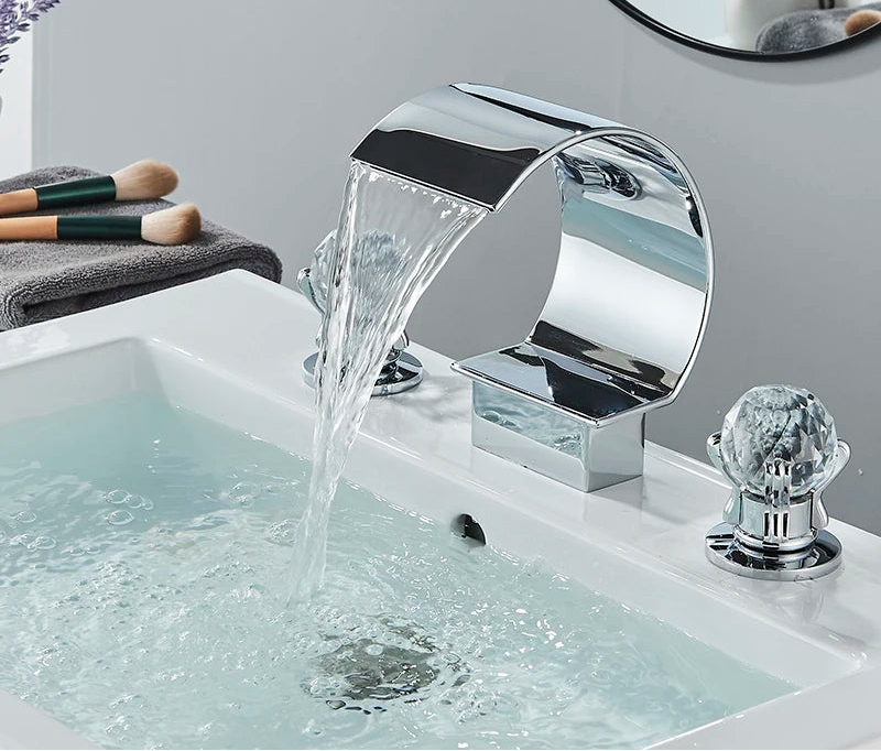 MC THE BLACK DIAMOND Shinesia luxury gold bathroom basin faucet with dual handles and waterfall spout for vessel sinks.
