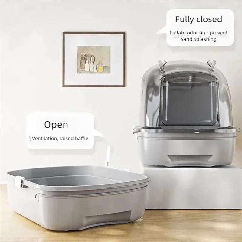 Extra-large semi-enclosed cat litter box with drawer style by MC THE BLACK DIAMOND, featuring a fully enclosed design for easy cleaning.
